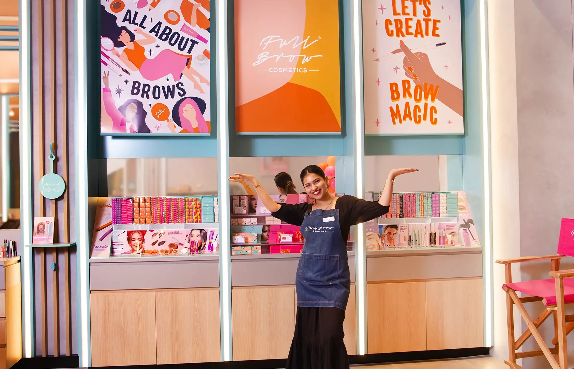 Full Brow Bar stylist introducing the makeup section in the store